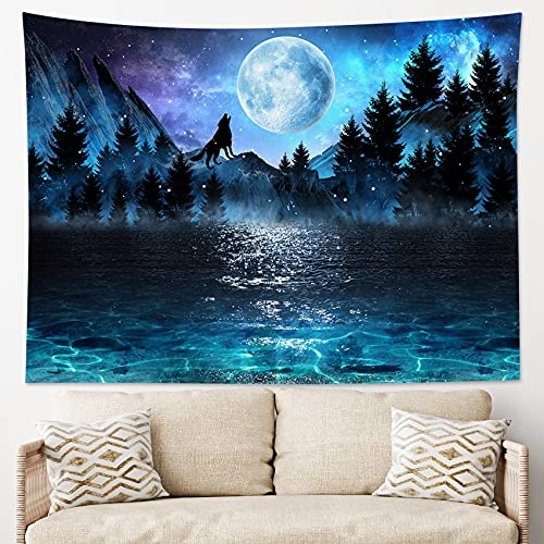 Lb Moon Over Ocean Tapestry Wall Hanging, Galaxy Wolf On Mountain Wall Tapestry, 3D Fantasy Watercolor Starry Night Sky Forest Tapestry Wall Art For Bedroom Living Room Dorm Home Decor, 60 X 40 Inch #TOP2