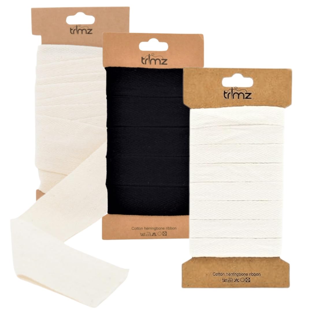 Trimz Herringbone Tape 5m Cards Project Starter Pack - Creator Ribbon Pack - White 15 mm, Black 25 mm & Natural 50 mm