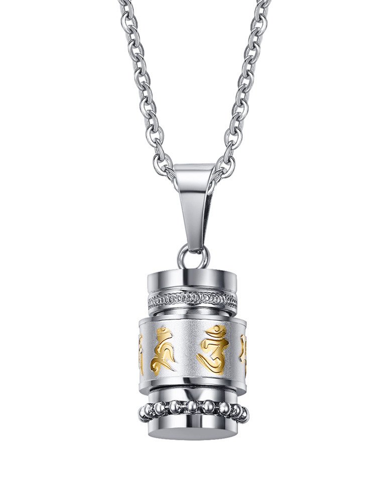 Mens Stainless Steel Buddhist Om Mani Padme Hum Prayer Wheel Mantra Bottle Necklace