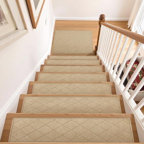 Stair Treads Non Slip Landing Rug for Wooden Steps Indoor, Peel and Stick Stair Treads Matching-Mat 20"X32" Landing Slip Resistant Stair Rugs for Kids and Dogs, Polyester Stair Landing Mat, Beige - Thumbnail 2
