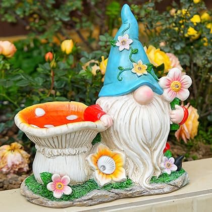 Gnome Statue with Flower Bouquet & Mushroom Bird Feeder Bath - Solar LED Garden Decor, Outdoor Figurine for Yard, Patio, Fairy Lights - Unique Gift Gnome Blue Hat