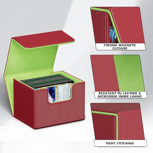 Image of ZLCA Card Deck Box for Trading Cards, MTG Commander Deck Box Holds 120+ Single Sleeved Cards, Leather Magnetic Card Storage Box Fits for TCG CCG Magic Cards (Red&Green)
