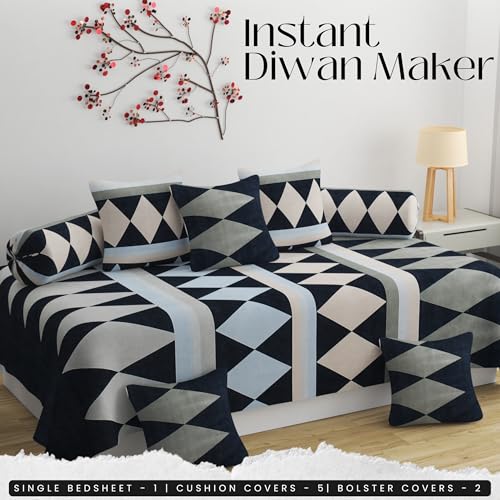 Image of Diwan Bedsheet Set of 8 Pieces with 1 Single Bedsheet, 2 Bolster Cover, 5 Cushion Covers | 100% Microfiber for Living Room Dining Hall