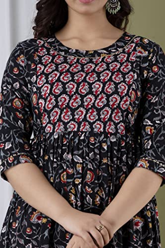 Image of Amazon Brand - Tavasya Women Botanical Floral Printed Maternity Midi Dress | Round Neck | 3 /4 Ruffle Sleeves | Concealed Feeding Zip | Gathered Tiered Nursing Dress