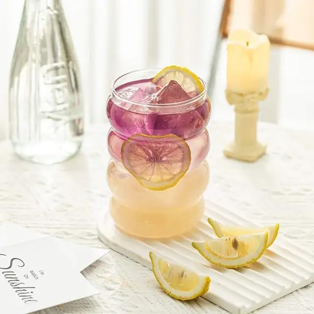 Image of Glass Mug with Bamboo Lid and Straw, 510ml, for Cold Drinks, Smoothies, Coffee(Pack of 1) (Transparent Wave Mug)