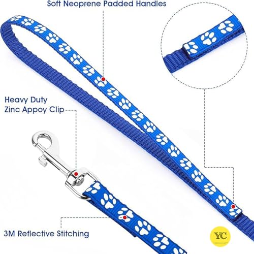 Image of YellowCult Dog /Cat Collar Leash Set with Adjustable Soft Nylon Paw Print Pet Collar for Cats, Puppies, Small Dogs, Fat Rabbits Walking Training, Bell & Quick Release Buckle Safety Lock -[Dark Blue]