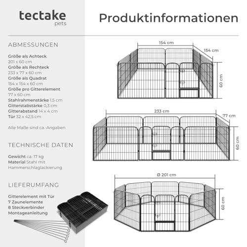 tectake Welpenauslauf 60 cm hoch, 8 Gitter, Welpenlaufstall, Freigehege, Tierlaufstall faltbar, Freilaufgehege, Hundelaufstall mit Tür, für Hunde, Katzen, Hasen, Meerschweinchen, Kleintiere - schwarz