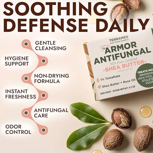 Image of Antifungal Soap Infused with Shea Butter 1% Tolnaftate for Deep Cleansing | Medicated Jock Itch Treatment, Helps Fight Ringworm & Athlete's Foot, for Deep Cleansing, 2 Antifungal Bars with Scrubber