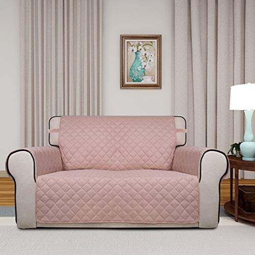 Image of PureFit Reversible Quilted Sofa Cover, Water Resistant Slipcover Furniture Protector, Washable Couch Cover with Non Slip Foam and Elastic Straps for Kids, Dogs, Pets (Loveseat, Pink /Beige)