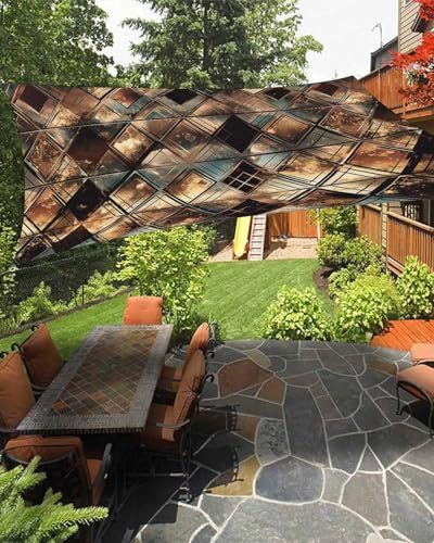 Boanket Sun Shade Sail 12' x 16', Brown Teal Geometric Sun Blocking Shades Privacy Outdoor Covering, Retro Modern Plaid Abstract Art Shade Cloth for Patio Deck Terrace Garden Lawns Beach Backyard