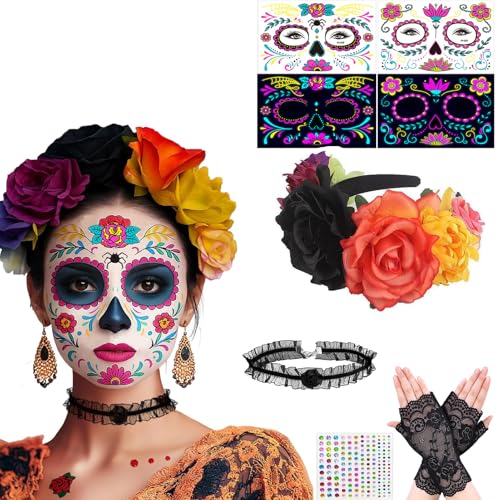 Diadema del Día De Muertos, Diadema Flores Mexicana, Corona de Flores d'Halloween, Halloween Pegatinas Luminosas, Guantes de Encaje, para Halloween, Carnaval o Fiesta de Disfraces