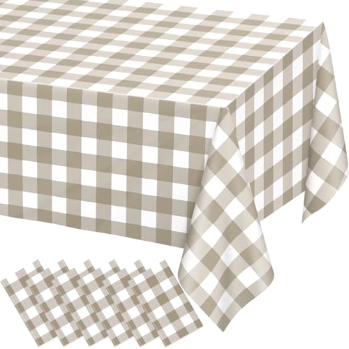 Image of WNINK 6 Pack Brown Checkered Rectangular Plastic Tablecloths, Brown and White Gingham Waterproof Disposable Table Covers 54 inch x 108 inch for Birthday, Baby Shower, Wedding, Outdoor Picnic Parties