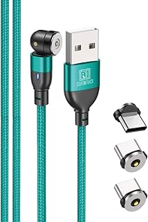 DAIAD USB A to Type-C マグネット式 充電ケーブル 1PIN 充電専用 着脱式 LED付き 防塵キャップ 首振り L字 360度回転 ナイロン編組 端子3個セット 2m (グリーン)