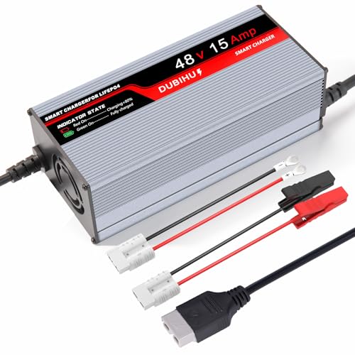 DUBIHU 58.4V 15A LifePo4 Lithium Battery Charger for Golf Cart, RV, 48V Motor,Anderson Plug, Includes Anderson Plug to M8 Ring Terminal Cable and Anderson Plug to Alligator Clip Cable