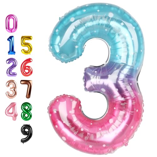 Image of Number Balloons 3 Balloon for 3 Birthday Decorations, 40 inch Blue and Pink | Saturated Color, Large 40 in, With Inflation Straw & Hanging Hole, Great for Men's Party, Back-To-School Season, Pool Party