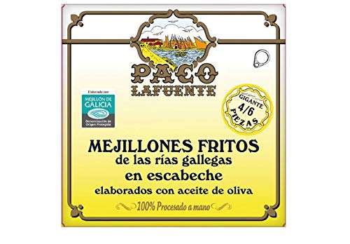 Mejillones fritos en escabeche de las rías gallegas gigantes 4-6 piezas lata 75 g neto escurrido