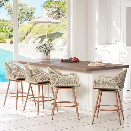24“ Swivel Rattan Bar Stools Set of 2，Counter Height barstools with Curved Backrest & Footrest，Heavy-Duty 300lbs Boho Aluminum Woven Bar Stools for Kitchen Island & Dining Room (Begie, set of 4)