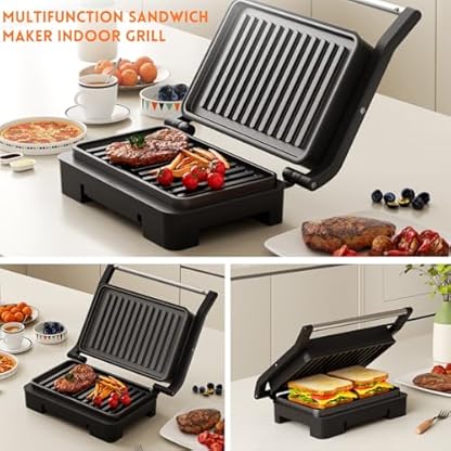 Kontaktgrill, Steak und als Panini Grill, Elektrogrill/Sandwichtoaster, Brotmaschine, Edelstahl Tischgrill mit Grill, Brotbackform, Antihaft-Beschichtung (Grau) – Bild 4