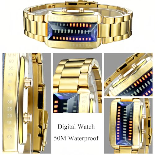 Image of Men's Creative Binary Matrix Blue LED Digital Waterproof Watch Stainless Steel Military Silver Watches