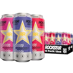 Rockstar Recovery Non-Carbonated Energy Drink, 3 Flavor Variety Pack (Raspberry Lemonade, Berryade, Strawberry Lemonade), 16 Fl Oz Cans (12 Pack), 160mg Caffeine, B Vitamins, Electrolytes