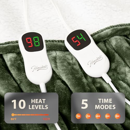 Image of Homemate Electric Heated Blanket King Size - 100 inchx90 inch Heating Bed Blankets Throw with 8 Hours Auto Off 10 Heating Levels Fast Heating Over-Heated Protection Soft Warm Flannel Bed ETL Certified Green