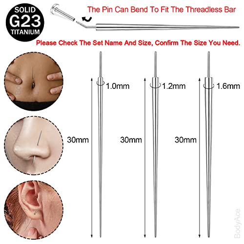 BodyAce G23 Titanium Threadless Piercing Taper, Piercing Taper Insertion Pin Stretching Kit, 14G 16G 18G Body Piercing Assistant Tool for Nose/Ear/Navel/Lip/Eyebrow [18G(1.0mm)] - Thumbnail 2