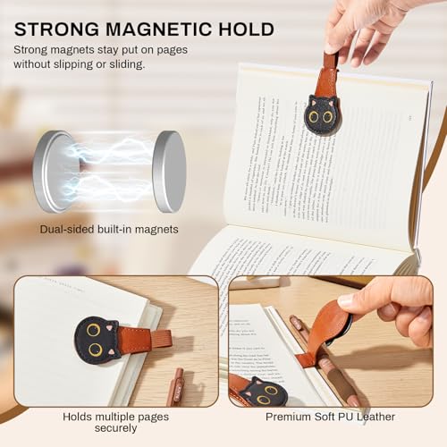 2Pcs Magnetic Bookmarks with Gift Box Magnetic Pen Holder for Notebook Cat Book Marks Clip Gift for Book Lover Readers Cute PU Leather Bookmark for Women, Cat+Paw (Brown+Black) — view 2