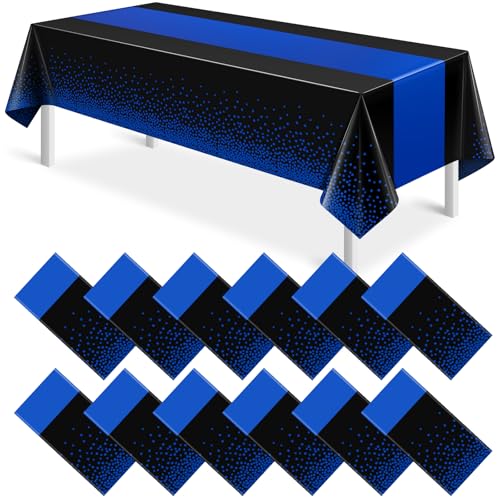 Image of MASHAN 12Pcs Black and Blue Tablecloth Party Decorations,Plastic Black Table Cloth Printed Blue Runner Disposable Rectangle Table Cover for Birthday Wedding Anniversary Graduation Party,54 x108 Inch