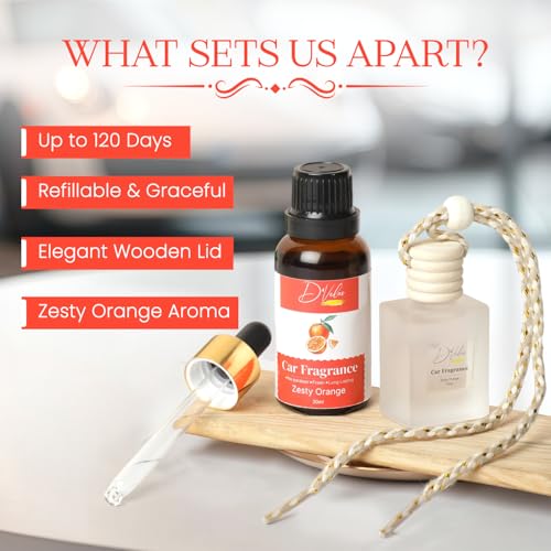 Image of D'Velas 40 Ml Car Fragrance Diffuser Set Long-Lasting Upto 120 Days | Zesty Orange | No Paraben | 10 Ml Wooden Lid Bottle with 30 Ml Refill | Perfume Diffuser | Odor Eliminator for Car Interior