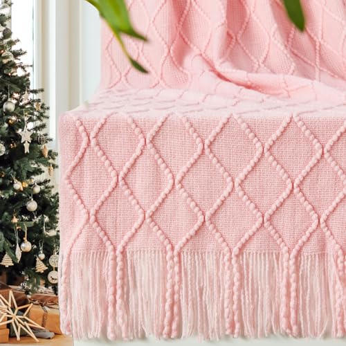 inhand ChristmasThrow Blankets for Couch, Gifts for Women Cozy Home Decor Knit Blanket, Pink Lightweight Decorative Blankets and Throws, Farmhouse Warm Woven Blanket for Men and Women, 60'x80'