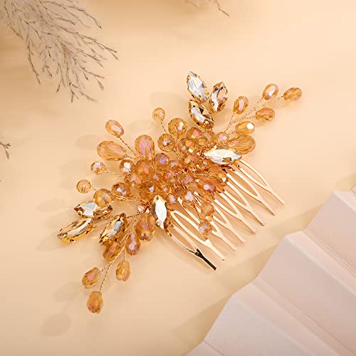 Teyglen Crystal Bride Wedding Hair Comb Simple Full Rhinestone Hair Pieces Handmade Champagne Crystal Hair Side Comb Blue Red Black Headpieces Hair Accessories For Bride Women Girls #TOP4