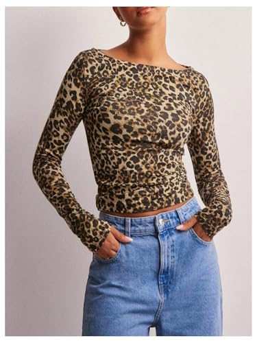 Women's Long Sleeve Leopard Print T Shirts Boat Neck Slim Fit Tee Shirts Streetwear3