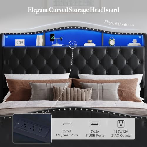 Uteeran Upholstered King Size Bed Frame with LED Lights & Charger, Black - image 3