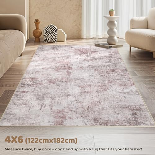 4x6 Area Rug Living Room Rugs - Washable Neutral Modern Abstract Soft Thin Large Rug Indoor Floor No Slip Rug Carpet for Bedroom Under Dining Table Home Office Decor - Pink Grey