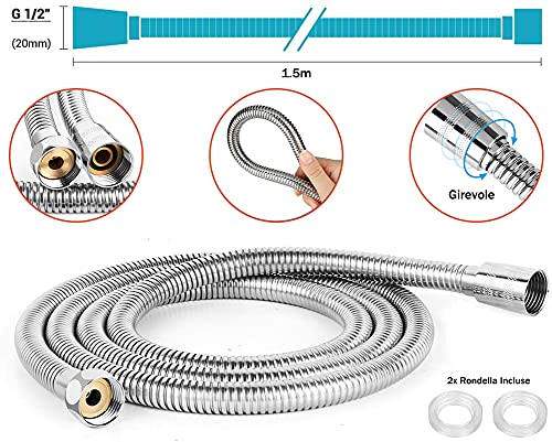 MILIWAN Soffione Doccia Kit Include 1 Telefono Doccia con 5 Modalità, 1 Tubo Doccia in Acciaio Inox e 1 Spugna da Doccia, Soffione Per Doccia ad Alta Pressione