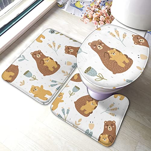 DIRYKILP Badematte + Konturmatte + Toilettendeckelbezug, niedlicher Bär, 3-teiliges Badteppich-Set, mit rutschfester Klebeunterseite