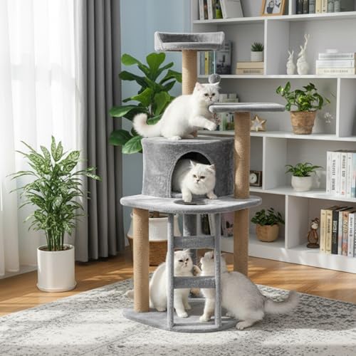 Image of Multi-Level Cat Tree Tower, 47 Inch Tall Green Plush Condo with Natural Jute Posts, Platforms, Perches, 19 Inch Base (FURR-49) (Grey)