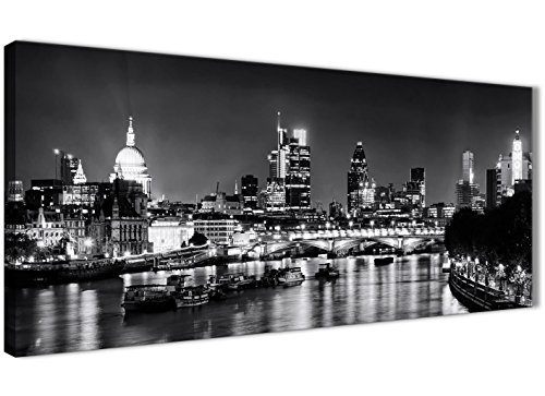 Wallfillers River Thames London Skyline Canvas Art Pictures - Cityscape - 1430 Black White Grey - 120cm Wide Print