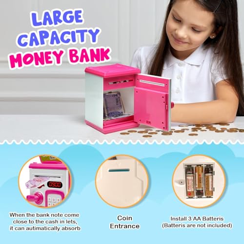 Image of Piggy Bank Toy for Kids and Adults - Gullak Money Safe with Number Password and Touch Sensor - Money Saving Mini ATM Toy with Lights and Sound (Pink -White)