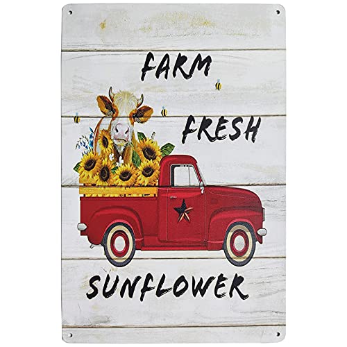 TISOSO Farm Fresh Sunflower Vintage Tin Bar Sign Red Truck Novelty Cow Signs Farmhouse Kitchen Wall Country Home Decor for Living Room Bedroom Decoration 8X12Inch