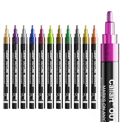 Caliart 12 Colors Outline Markers Shimmer Glitter Pens, Cool Fun Craft Metallic Drawing Marker Set, Trendy Stuff Art Supplies Gifts for Artists Teen Kids Girls Adults