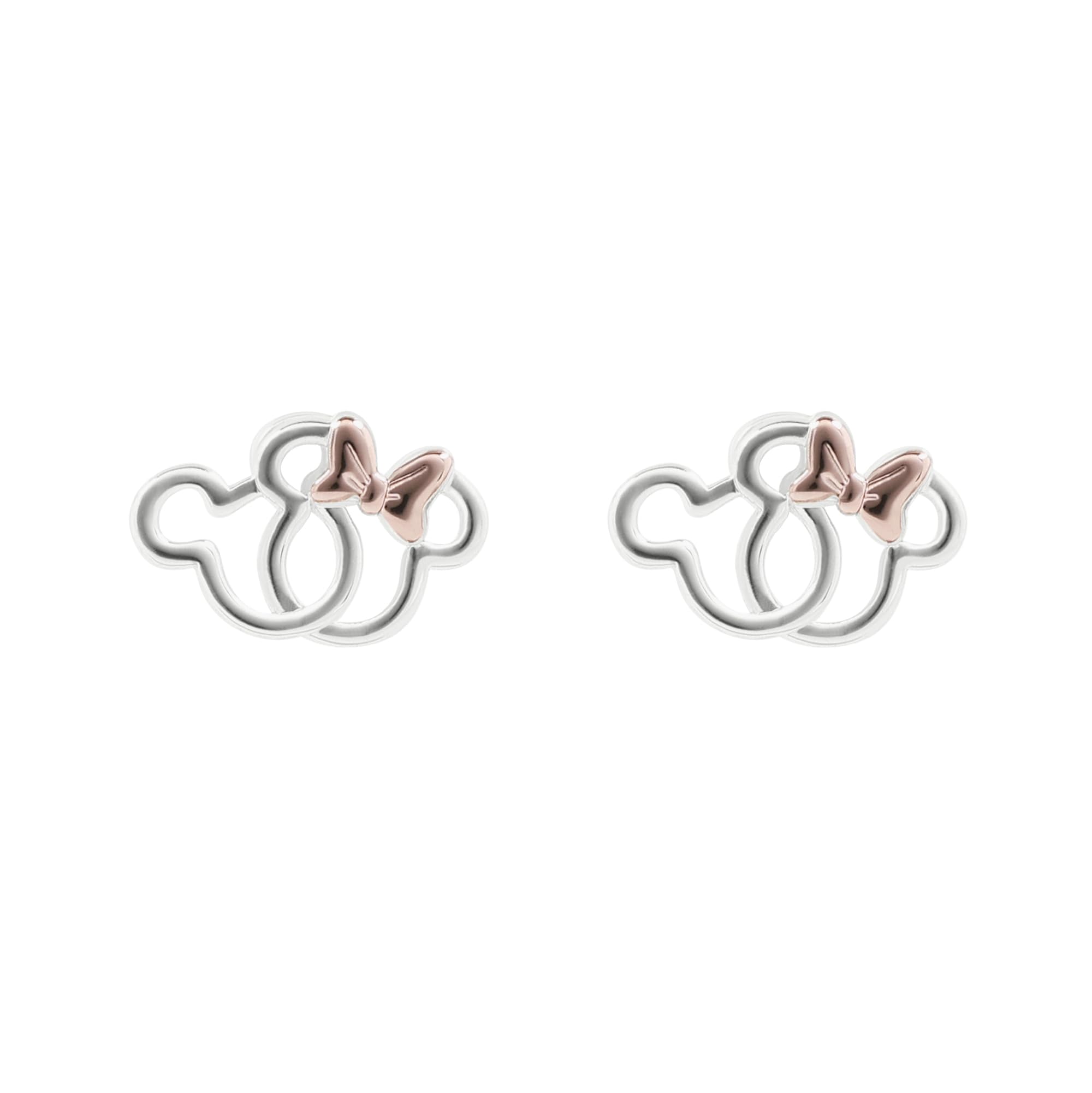 Mickey and Minnie Mouse Silver Plated Two Tone Interlocking Silhouette Stud Earrings
