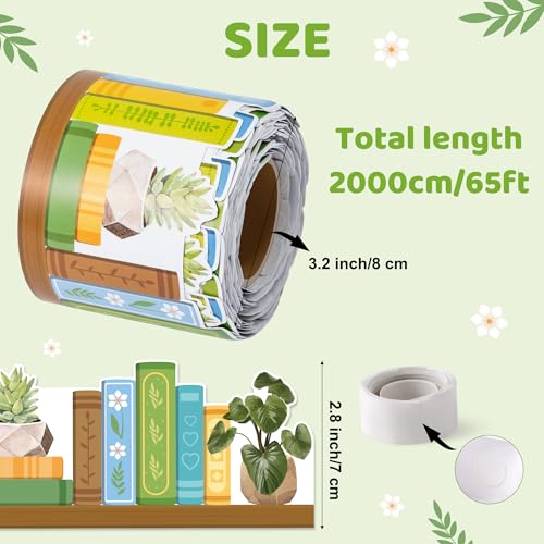 Image of BeYumi Plant Bookshelf Border Trim - 65ft Back to School Green Plant Books Rolled Border Trim Green Potted Plants Bookshelf Bulletin Board Set Library Classroom Office Chalkboard Home Wall Party Decor