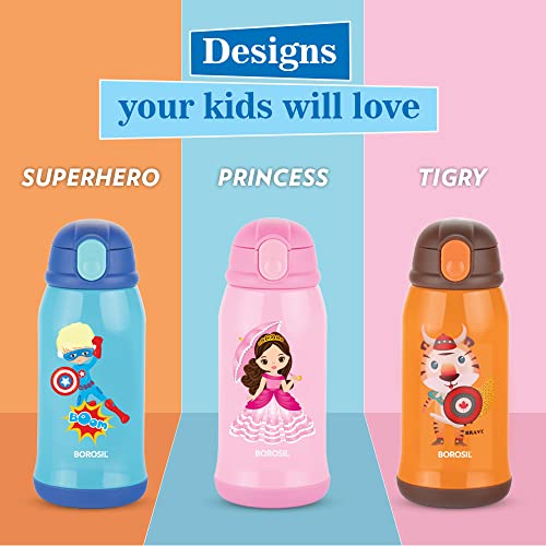 Image of Borosil Superhero 500 ml Stainless Steel Kids Sipper Water Bottle | Double Wall Vacuum Insulated Flask | 12 Hours Hot & Cold | Leakproof, BPA Free | 1 Year Warranty, Blue