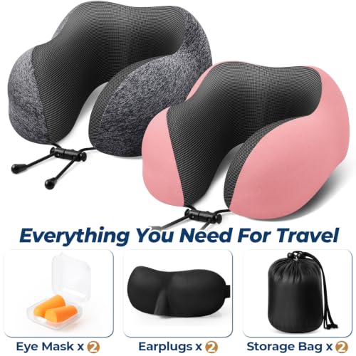 Image of ExploreBliss Travel Pillow, Neck Pillow Airplane, Grey & Pink | Travel Pillows for Airplanes, Neck Pillow Airplane, Memory Foam Neck Pillow Set with Eye Mask, Earplugs