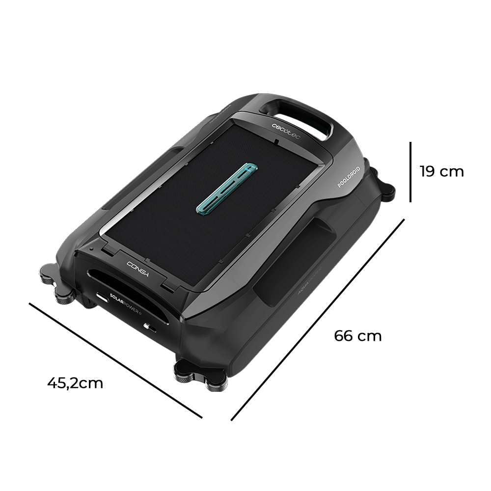 Cecotec Robot Pulitore Piscina Senza Fili Conga Pooldroid AquaSkater, Per Superficie e Linea di Galleggiamento, Carica Solare, Autonomia 16h, Cestello 4.5L, Filtro da 187.5 μm, Navigazione Sensori