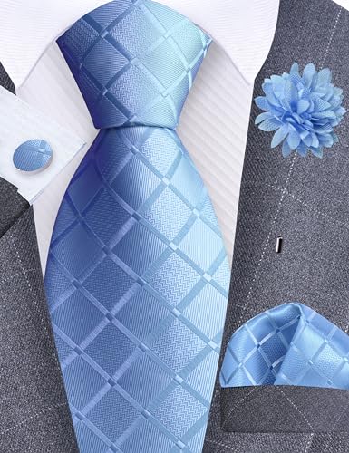 Image of GUSLESON 3.15 inch(8cm) Mens Tie and Lapel Pin Plaid Checkered Necktie Hankerchief Cufflinks Set for Men