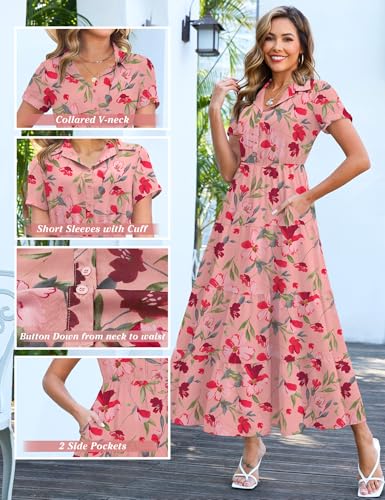 Image of Kranda Women 2026 Summer Collared V Neck Short Sleeve Button Down Chiffon Long Tiered Floral Maxi Dress with Pockets