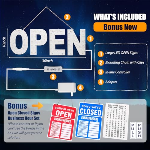 Image of Open Sign for Business, 30 inchx10 inch Dimmable Large LED Open Signs with Hanging Installation for Cafes Store Restaurant Office Bar Pubs Hotel Salon (Warm White)