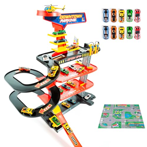 MOLTO | Garage per bambini in centro: 4 livelli + 10 auto + tappeto da gioco – Stazione di servizio, ascensore, autolavaggio – Parcheggio per bambini con rampa ad alta velocità